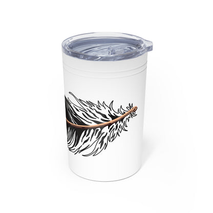 Hand-drawn Alaska Native inspired eagle feather tumbler — original Indigenous wildlife design — styled product photo