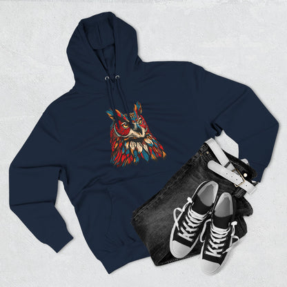 Hand-drawn Alaska Native inspired great horned owl hoodie — original Indigenous wildlife design — shown in an alternate colorway