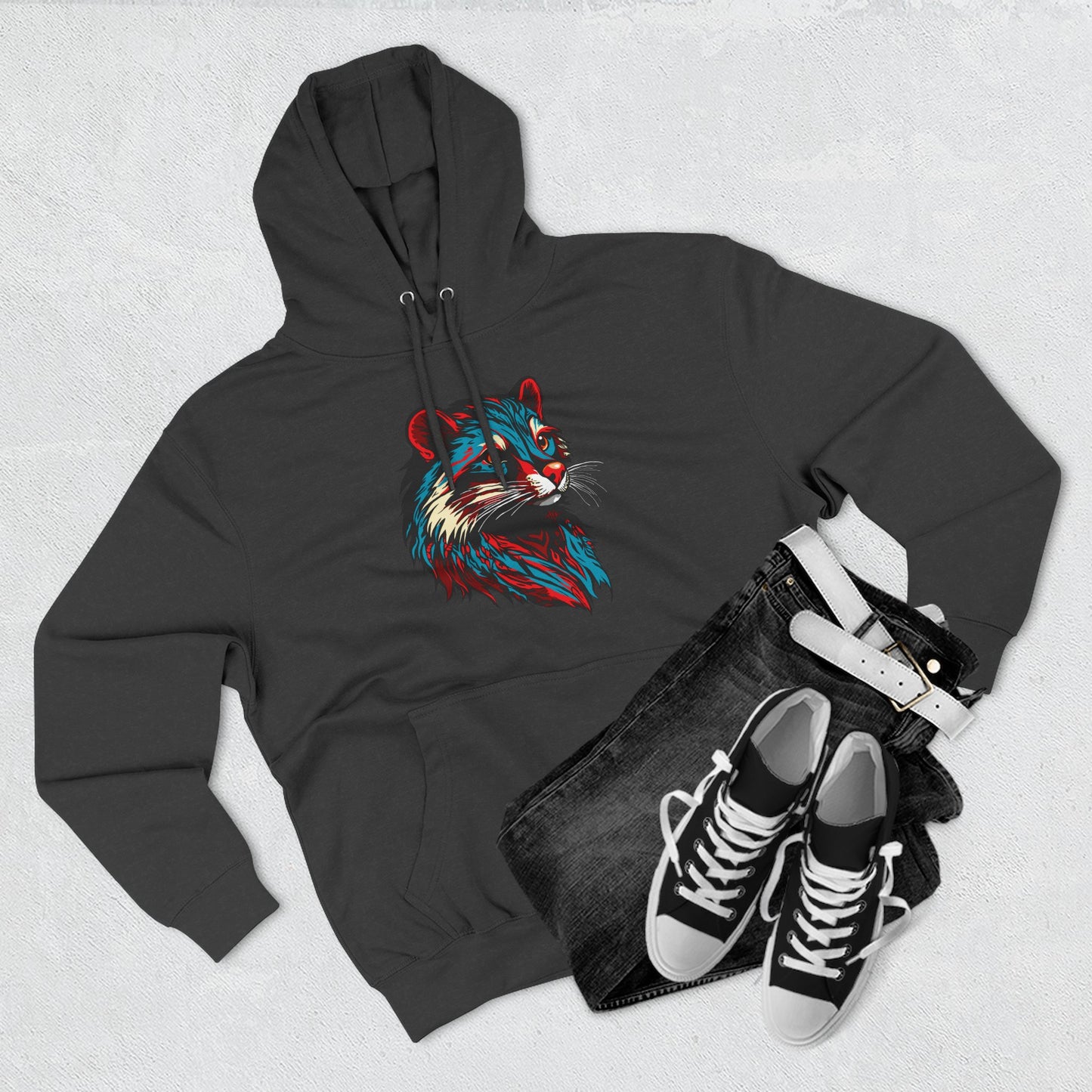 Hand-drawn Alaska Native inspired mink hoodie — original Indigenous wildlife design — front view