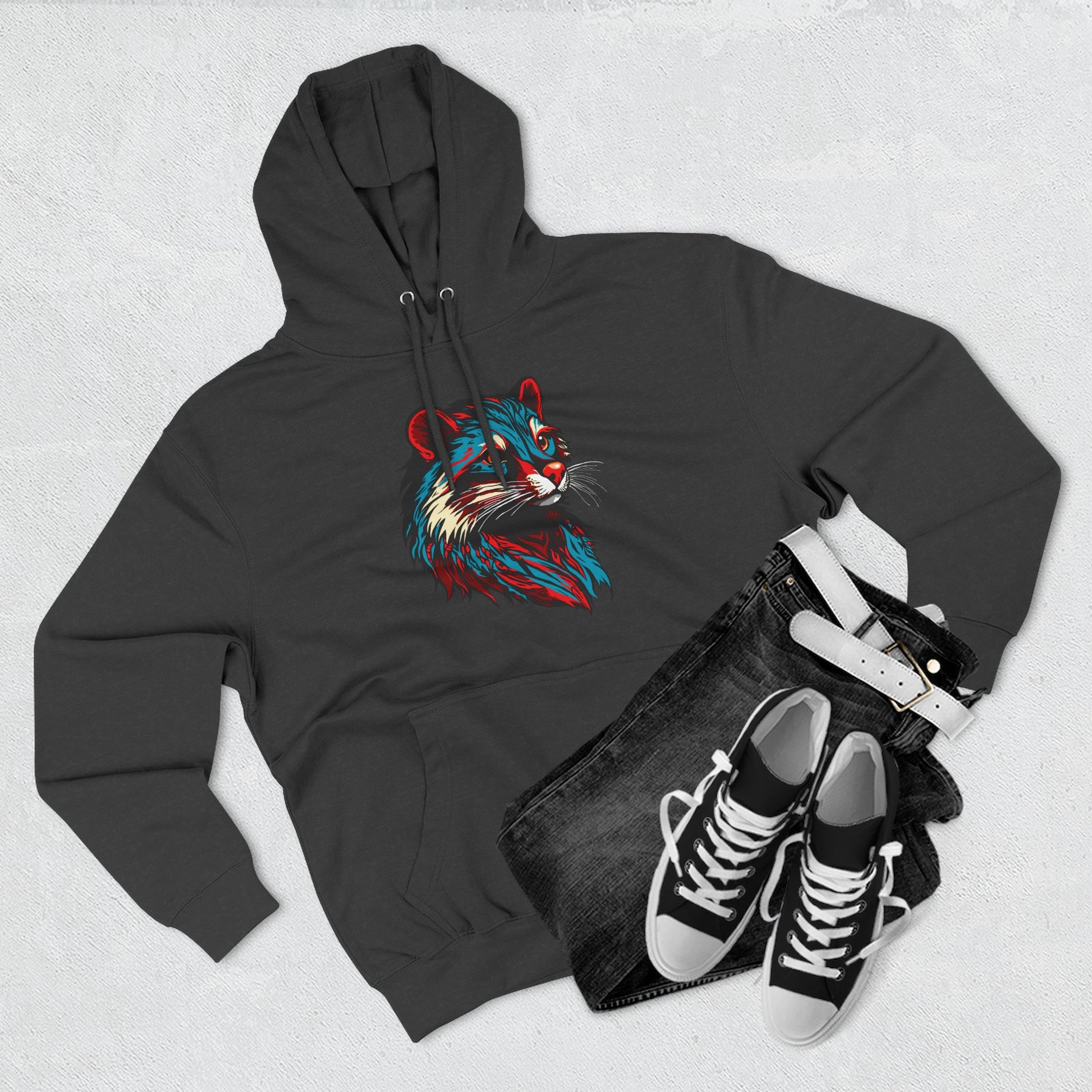 Hand-drawn Alaska Native inspired mink hoodie — original Indigenous wildlife design — front view