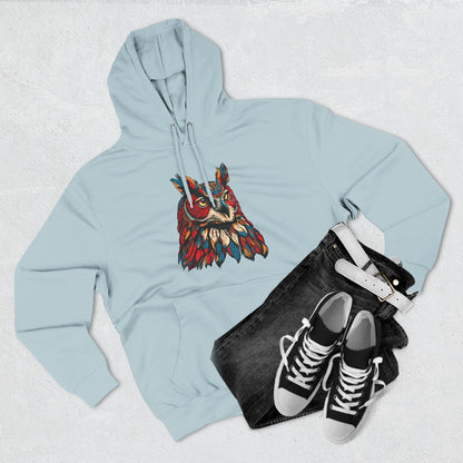 Hand-drawn Alaska Native inspired great horned owl hoodie — original Indigenous wildlife design — flat lay view