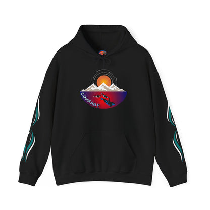 Hand-drawn 'Courage' word art hoodie inspired by Alaska Native design traditions — front view