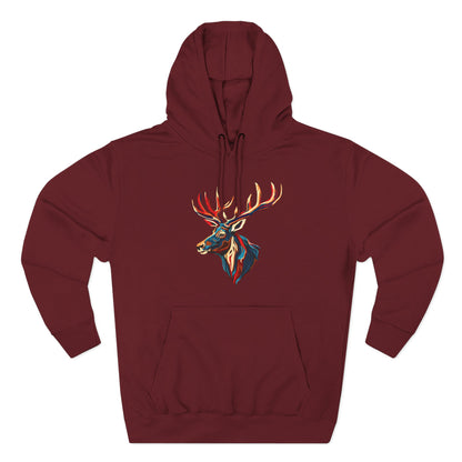 Hand-drawn Alaska Native inspired elk hoodie — original Indigenous wildlife design — styled product photo