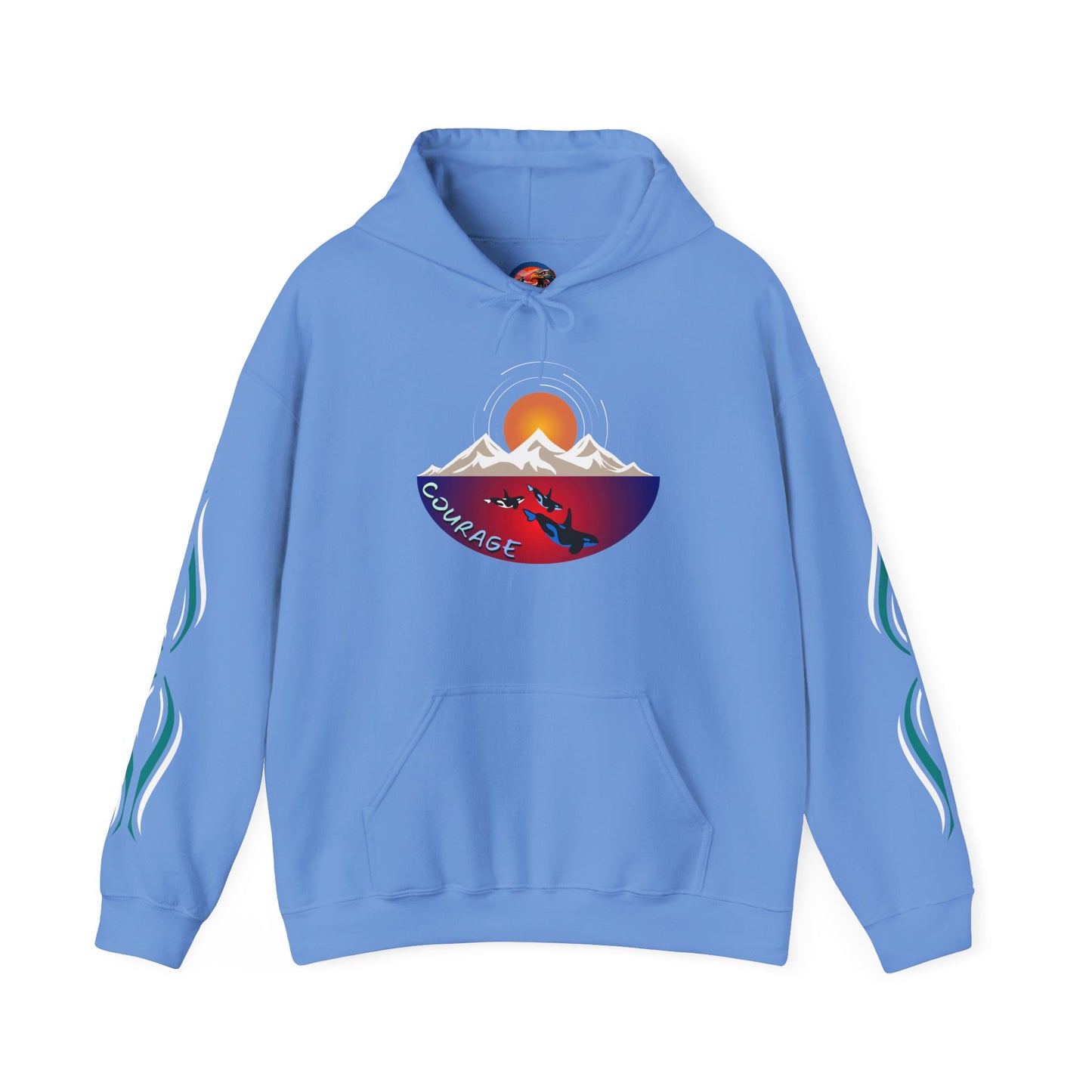 Hand-drawn 'Courage' word art hoodie inspired by Alaska Native design traditions — close-up of the design detail