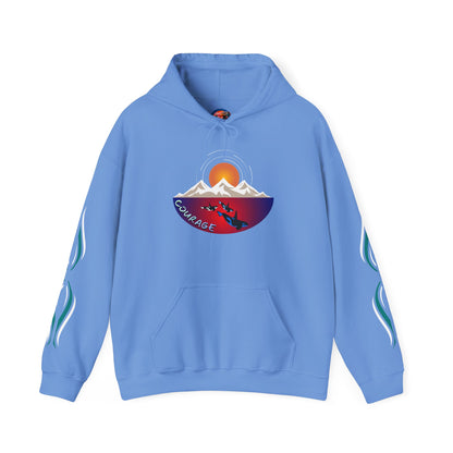 Hand-drawn 'Courage' word art hoodie inspired by Alaska Native design traditions — close-up of the design detail