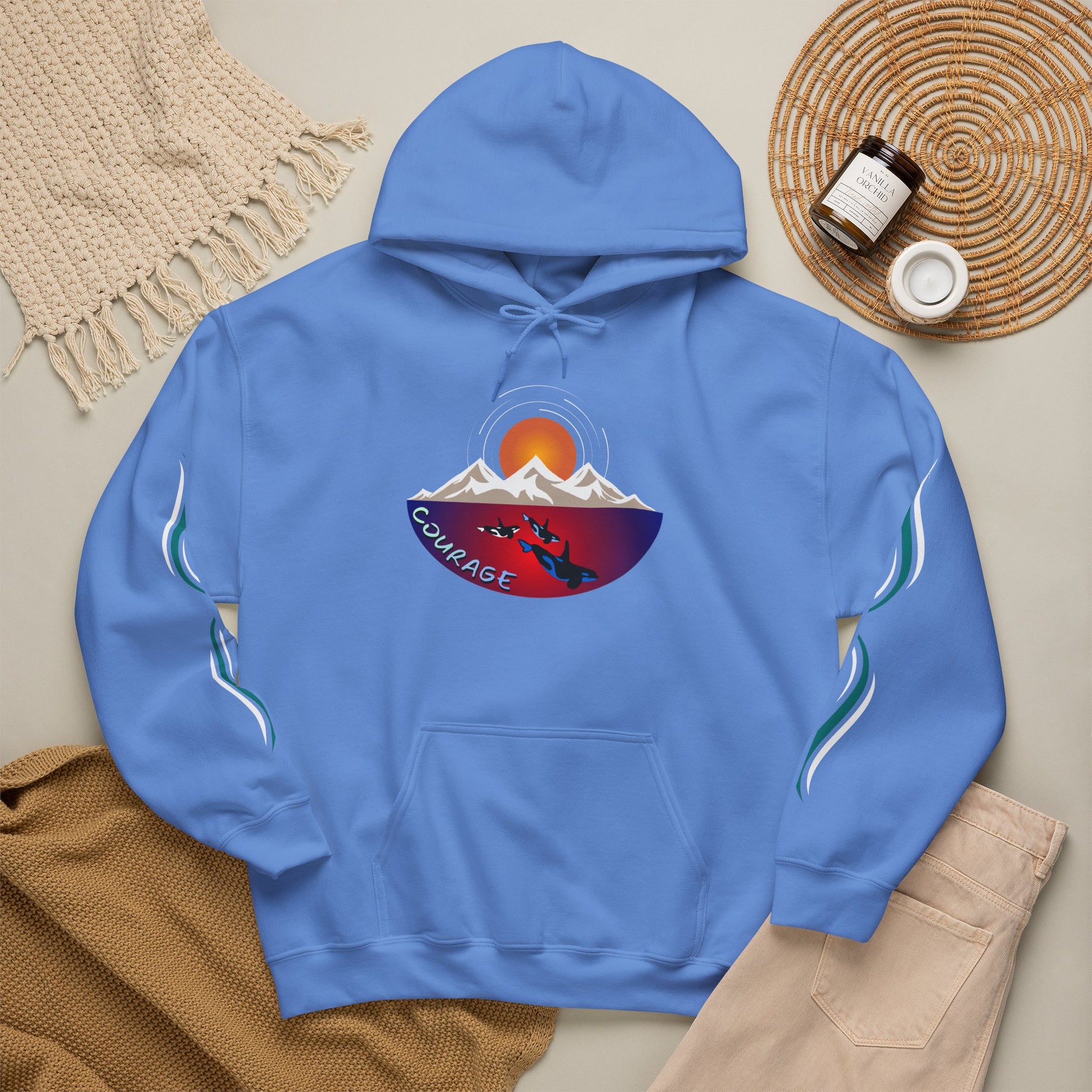 Hand-drawn 'Courage' word art hoodie inspired by Alaska Native design traditions — front view