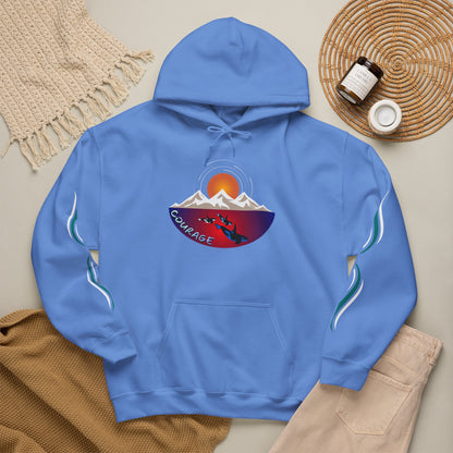 Hand-drawn 'Courage' word art hoodie inspired by Alaska Native design traditions — front view