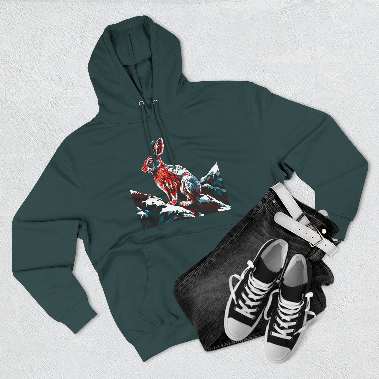 Hand-drawn Alaska Native inspired snowshoe hare hoodie — original Indigenous wildlife design — shown in an alternate colorway