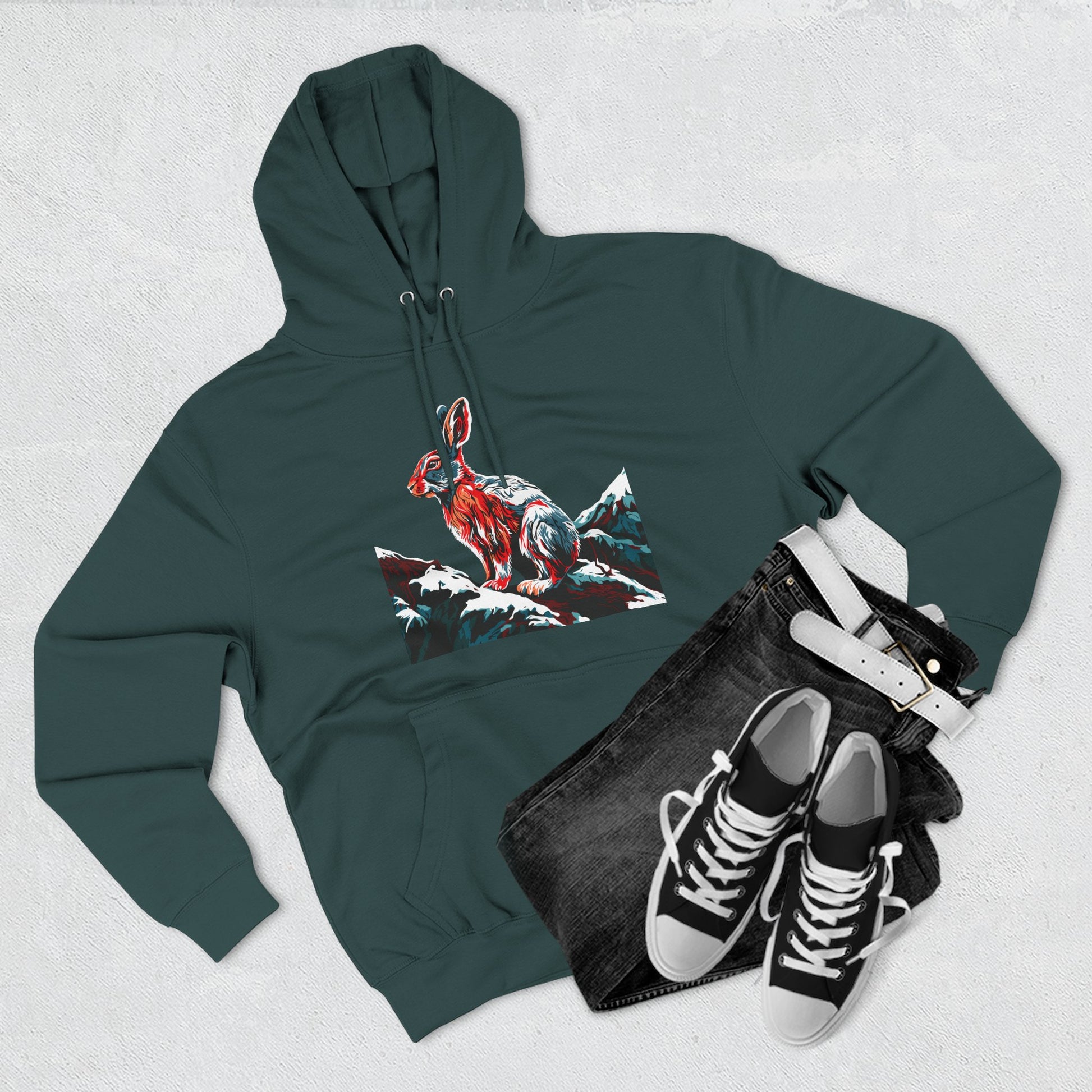 Hand-drawn Alaska Native inspired snowshoe hare hoodie — original Indigenous wildlife design — shown in an alternate colorway