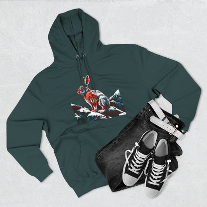 Hand-drawn Alaska Native inspired snowshoe hare hoodie — original Indigenous wildlife design — shown in an alternate colorway