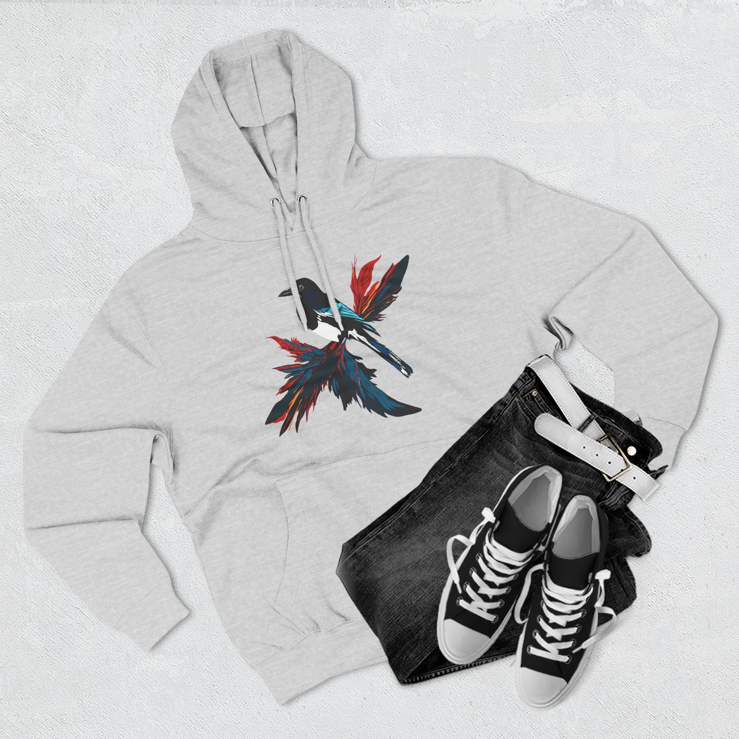 Hand-drawn Alaska Native inspired magpie hoodie — original Indigenous wildlife design — close-up texture detail