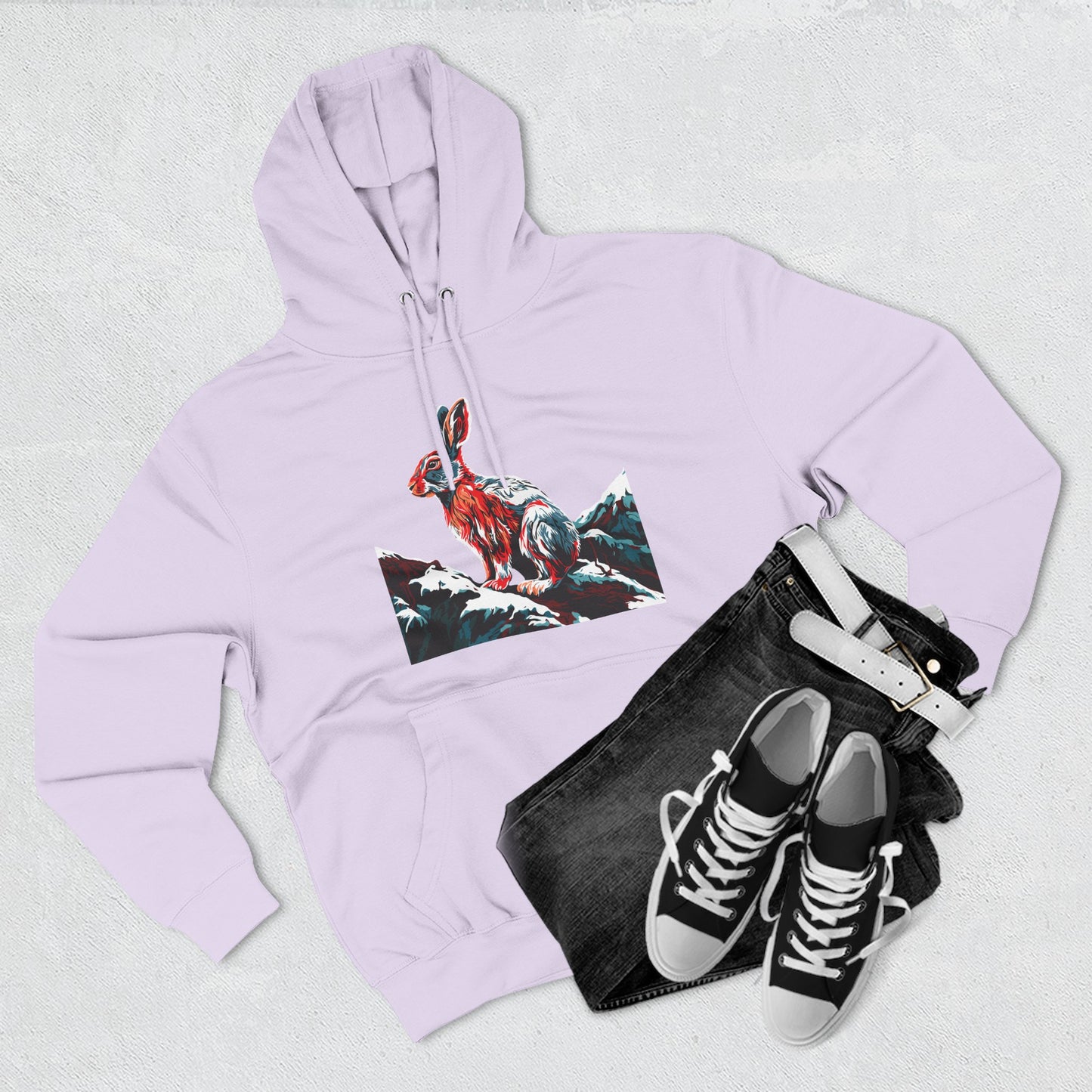 Hand-drawn Alaska Native inspired snowshoe hare hoodie — original Indigenous wildlife design — back view