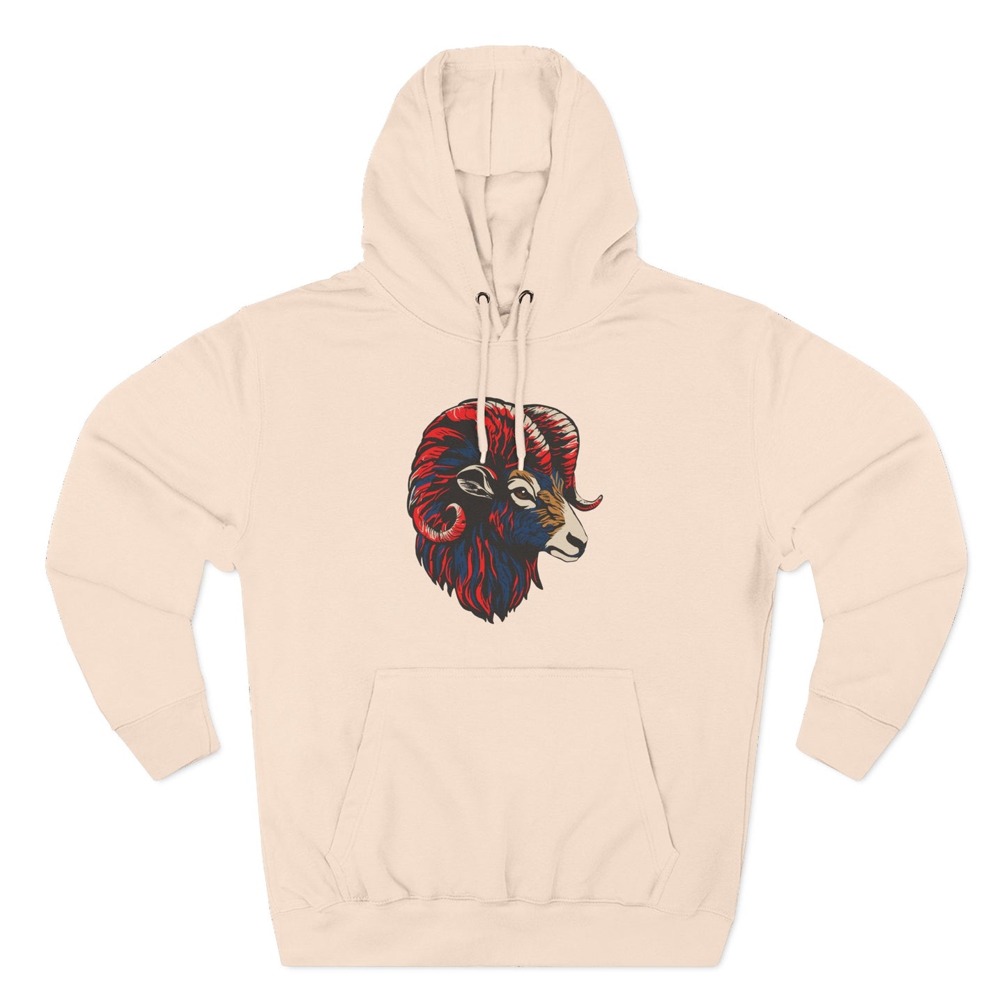 Hand-drawn Alaska Native inspired dall sheep hoodie — original Indigenous wildlife design — front view