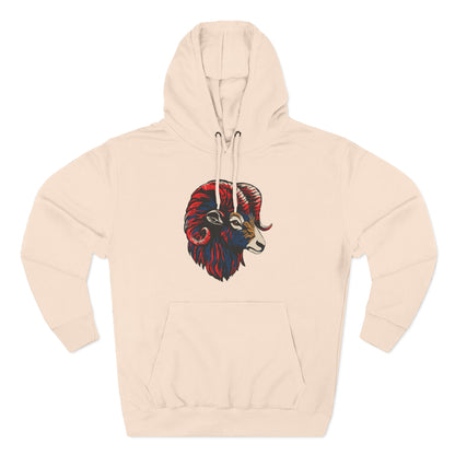 Hand-drawn Alaska Native inspired dall sheep hoodie — original Indigenous wildlife design — front view
