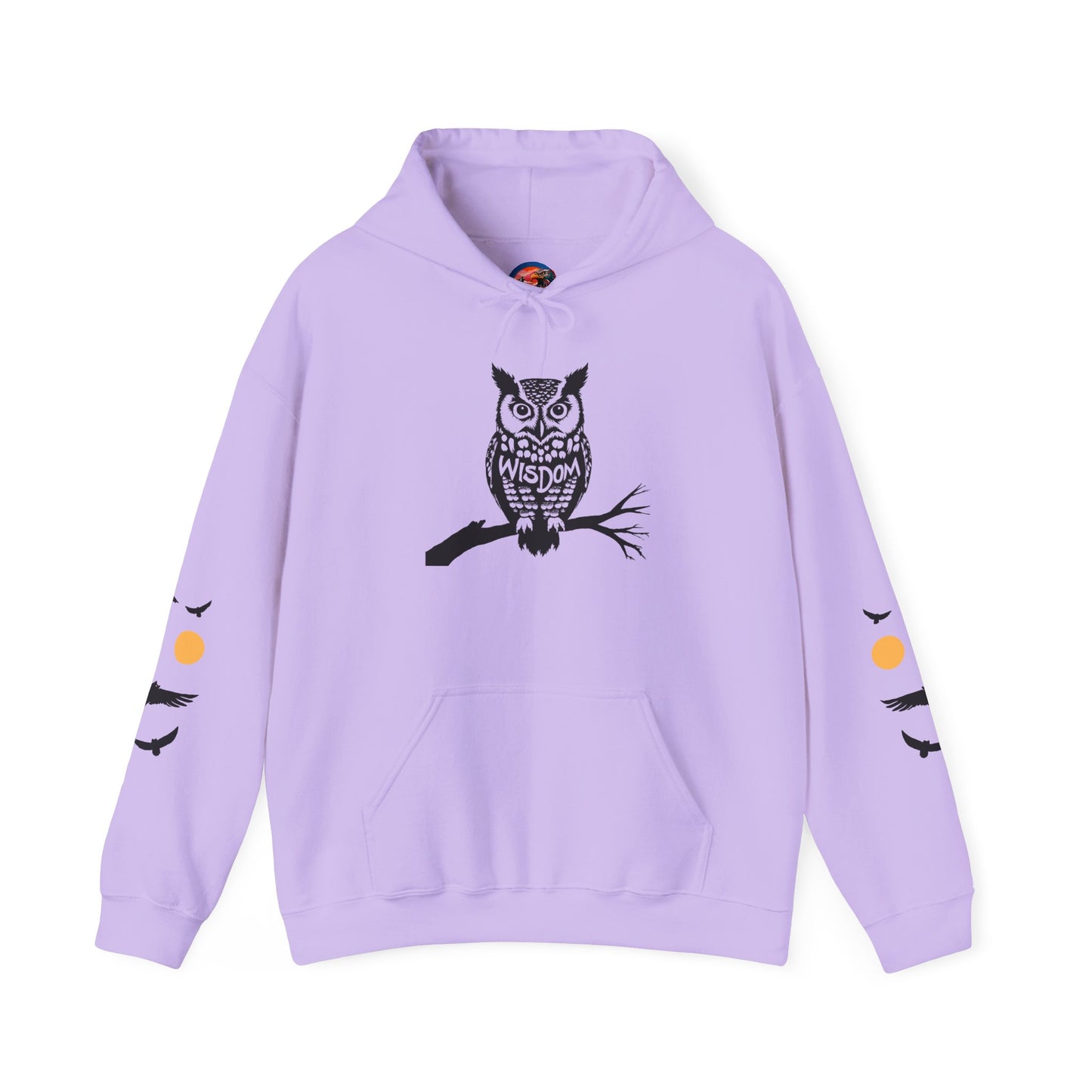 Hand-drawn 'Wisdom' word art hoodie inspired by Alaska Native design traditions — shown from a different angle