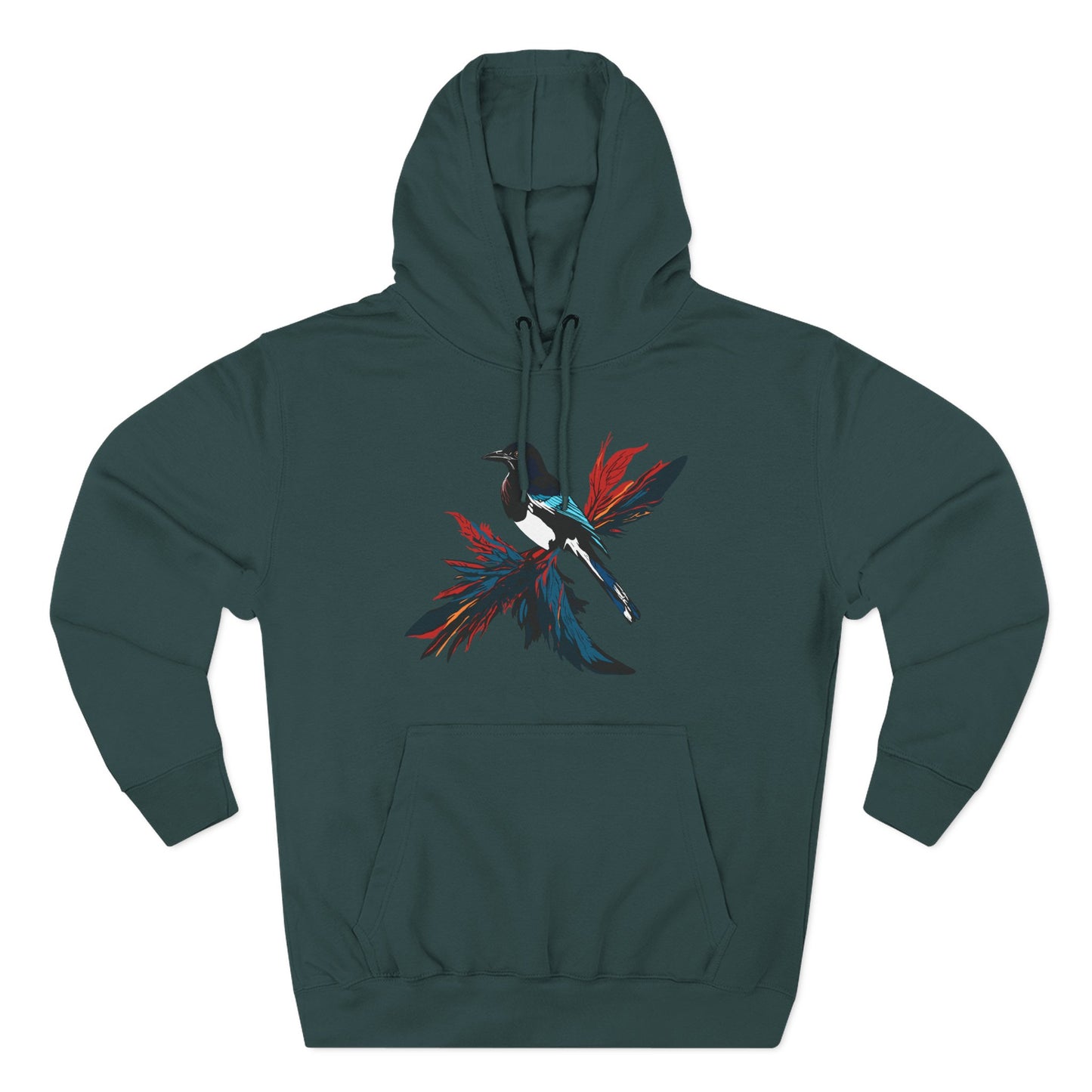 Hand-drawn Alaska Native inspired magpie hoodie — original Indigenous wildlife design — styled product photo