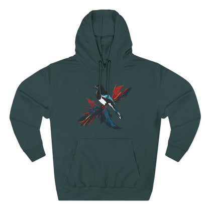Hand-drawn Alaska Native inspired magpie hoodie — original Indigenous wildlife design — styled product photo