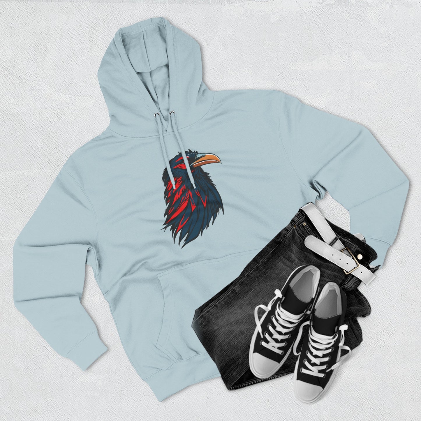 Hand-drawn Alaska Native inspired raven hoodie — original Indigenous wildlife design — back view