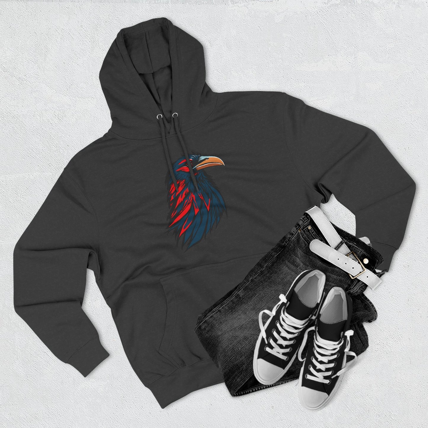 Hand-drawn Alaska Native inspired raven hoodie — original Indigenous wildlife design — front view