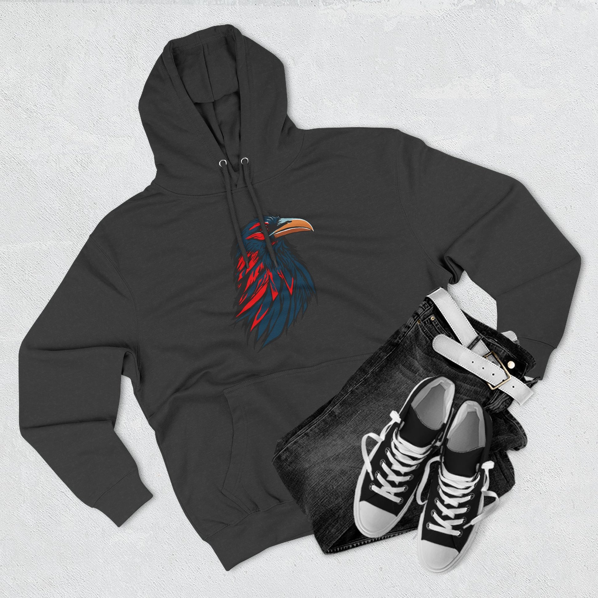 Hand-drawn Alaska Native inspired raven hoodie — original Indigenous wildlife design — front view
