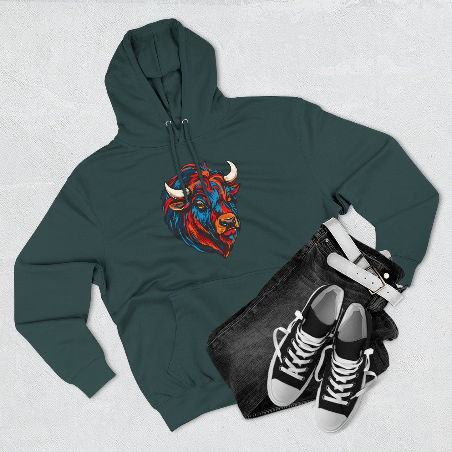 Hand-drawn Alaska Native inspired bison hoodie — original Indigenous wildlife design — back view