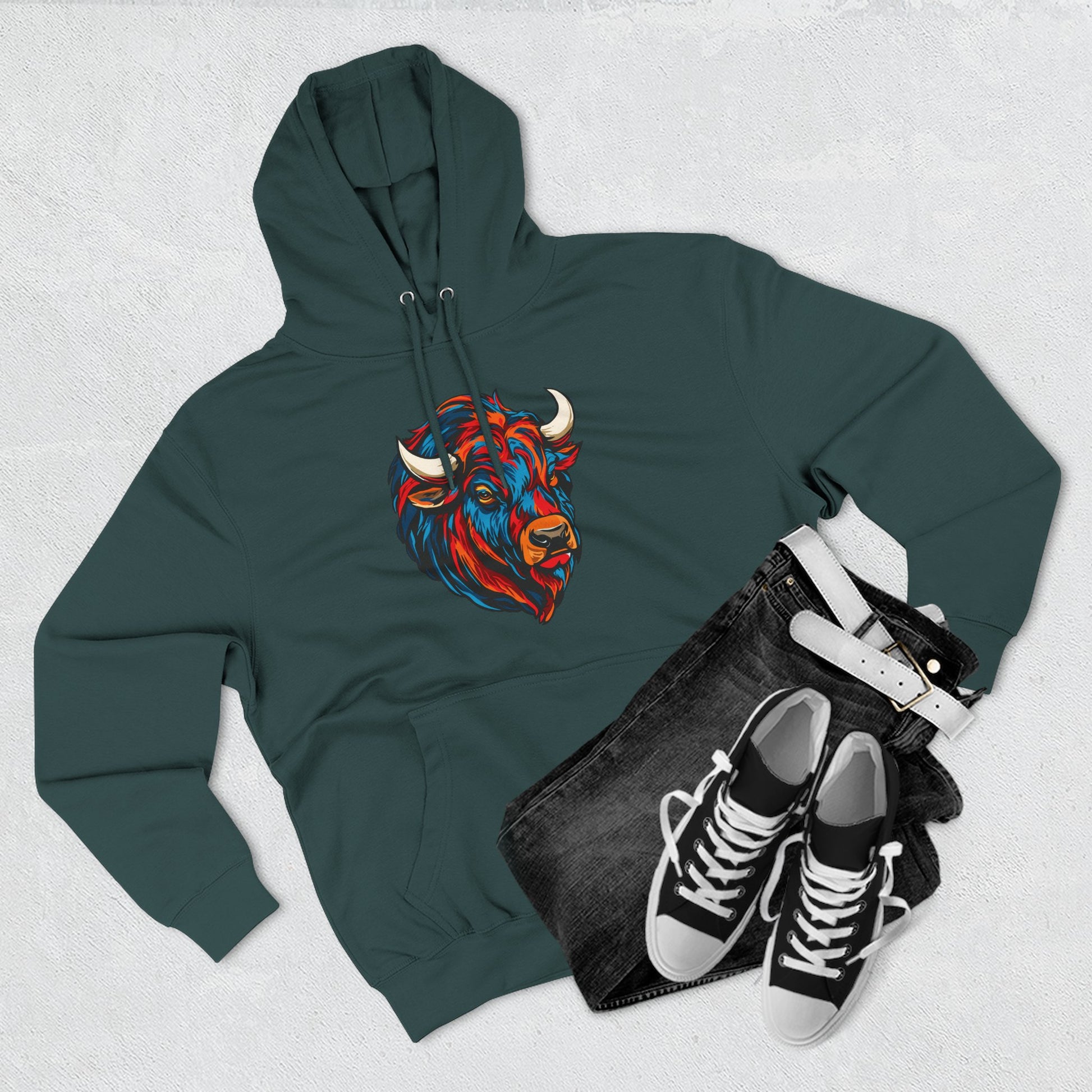 Hand-drawn Alaska Native inspired bison hoodie — original Indigenous wildlife design — back view