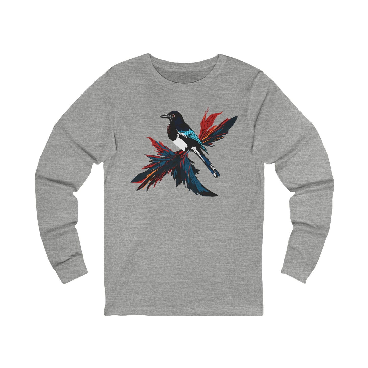 Hand-drawn magpie icon long-sleeve tee — original wildlife art by Kayanna Healy at Neo Native