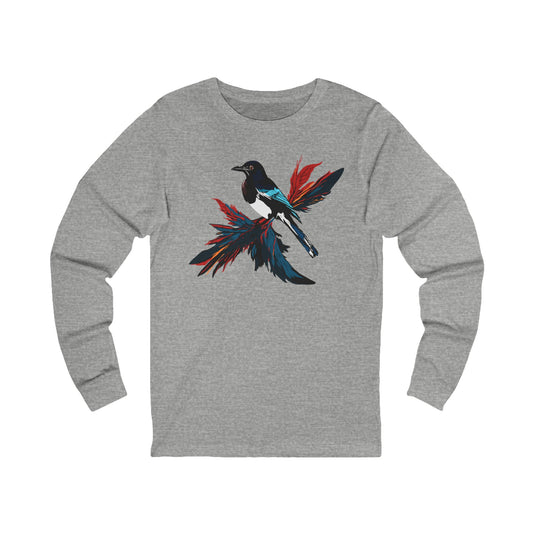 Hand-drawn magpie icon long-sleeve tee — original wildlife art by Kayanna Healy at Neo Native
