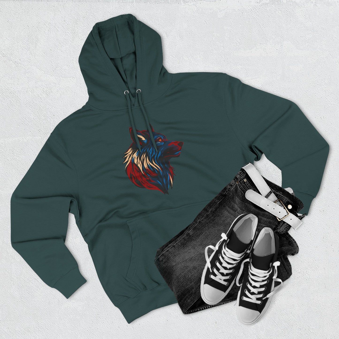 Hand-drawn Alaska Native inspired wolf hoodie — original Indigenous wildlife design — close-up texture detail
