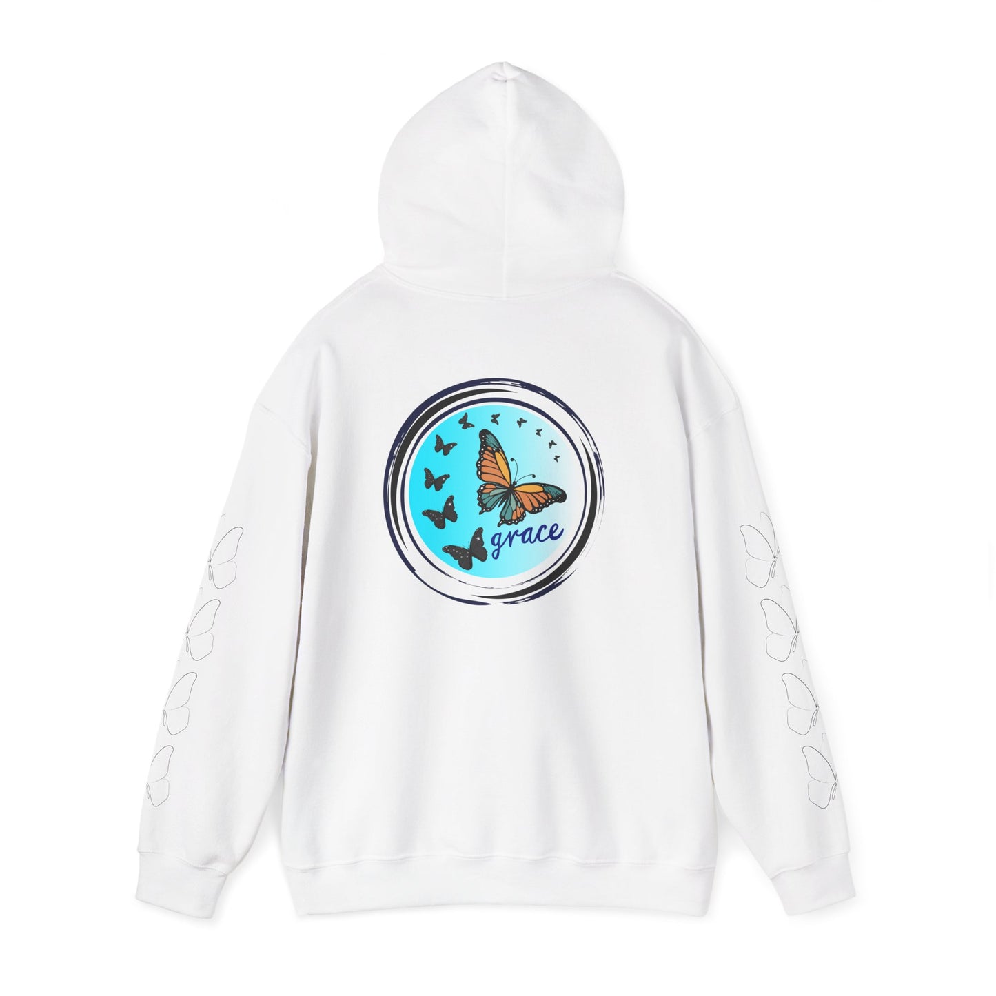 Hand-drawn 'Grace' word art hoodie inspired by Alaska Native design traditions — shown from a different angle