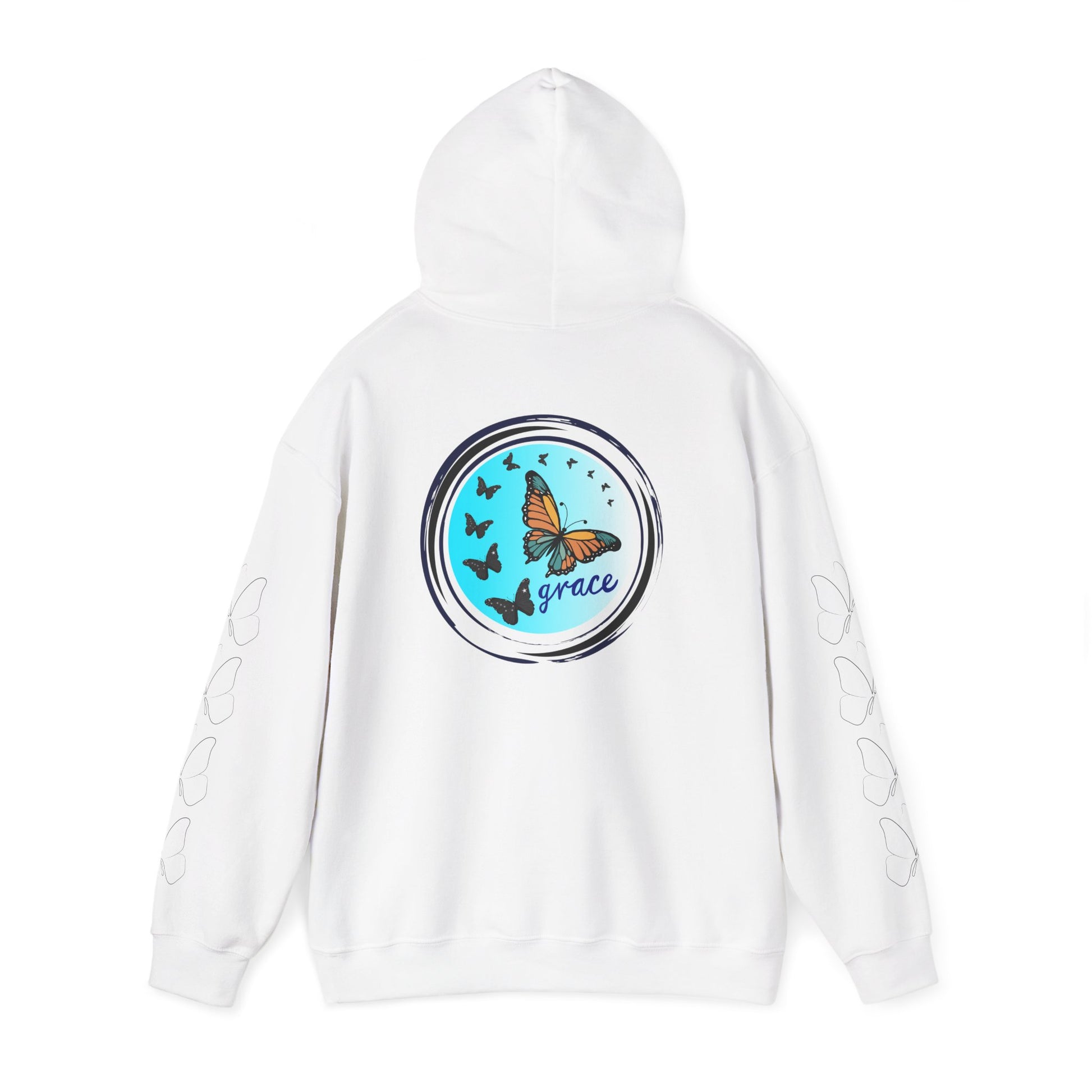 Hand-drawn 'Grace' word art hoodie inspired by Alaska Native design traditions — shown from a different angle