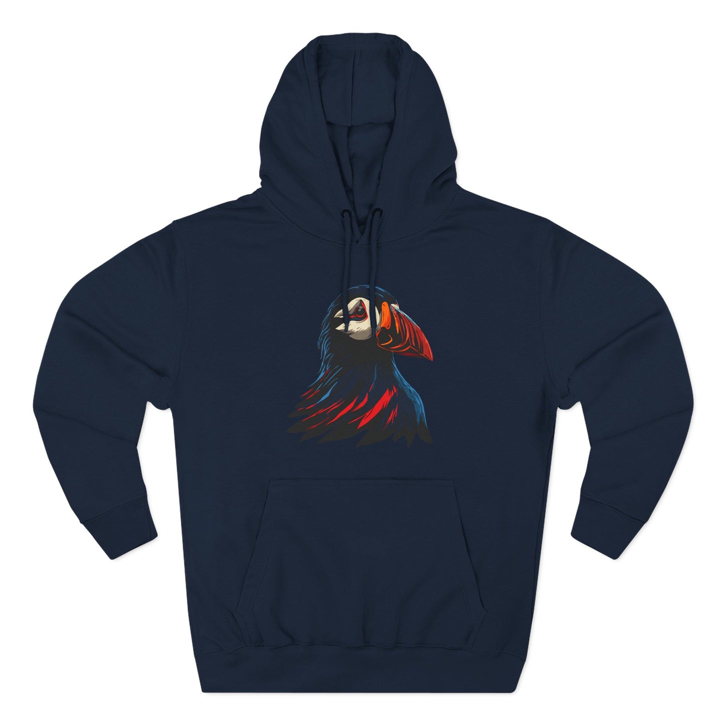 Hand-drawn Alaska Native inspired puffin hoodie — original Indigenous wildlife design — shown from a different angle