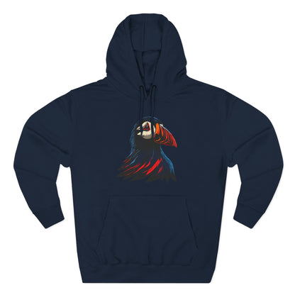 Hand-drawn Alaska Native inspired puffin hoodie — original Indigenous wildlife design — shown from a different angle