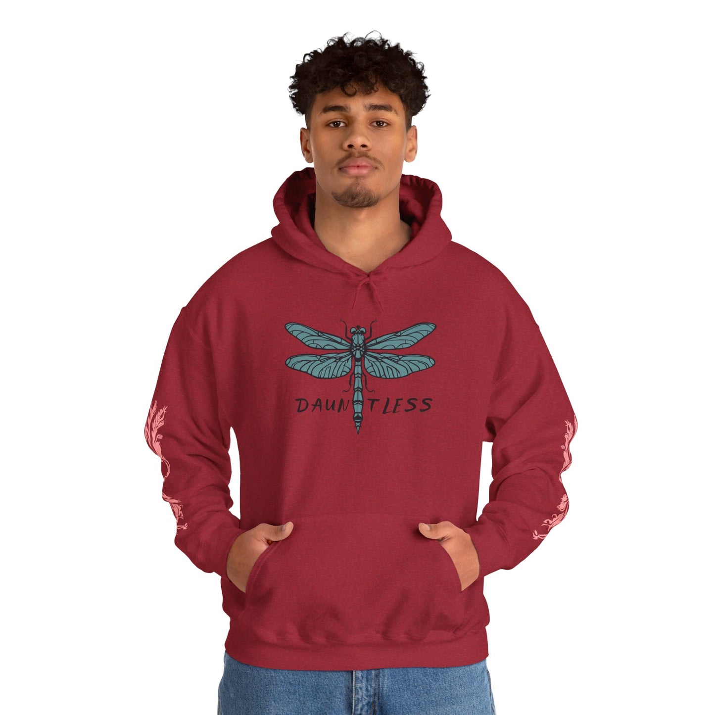 Hand-drawn 'Dauntless' word art hoodie inspired by Alaska Native design traditions — close-up of the design detail