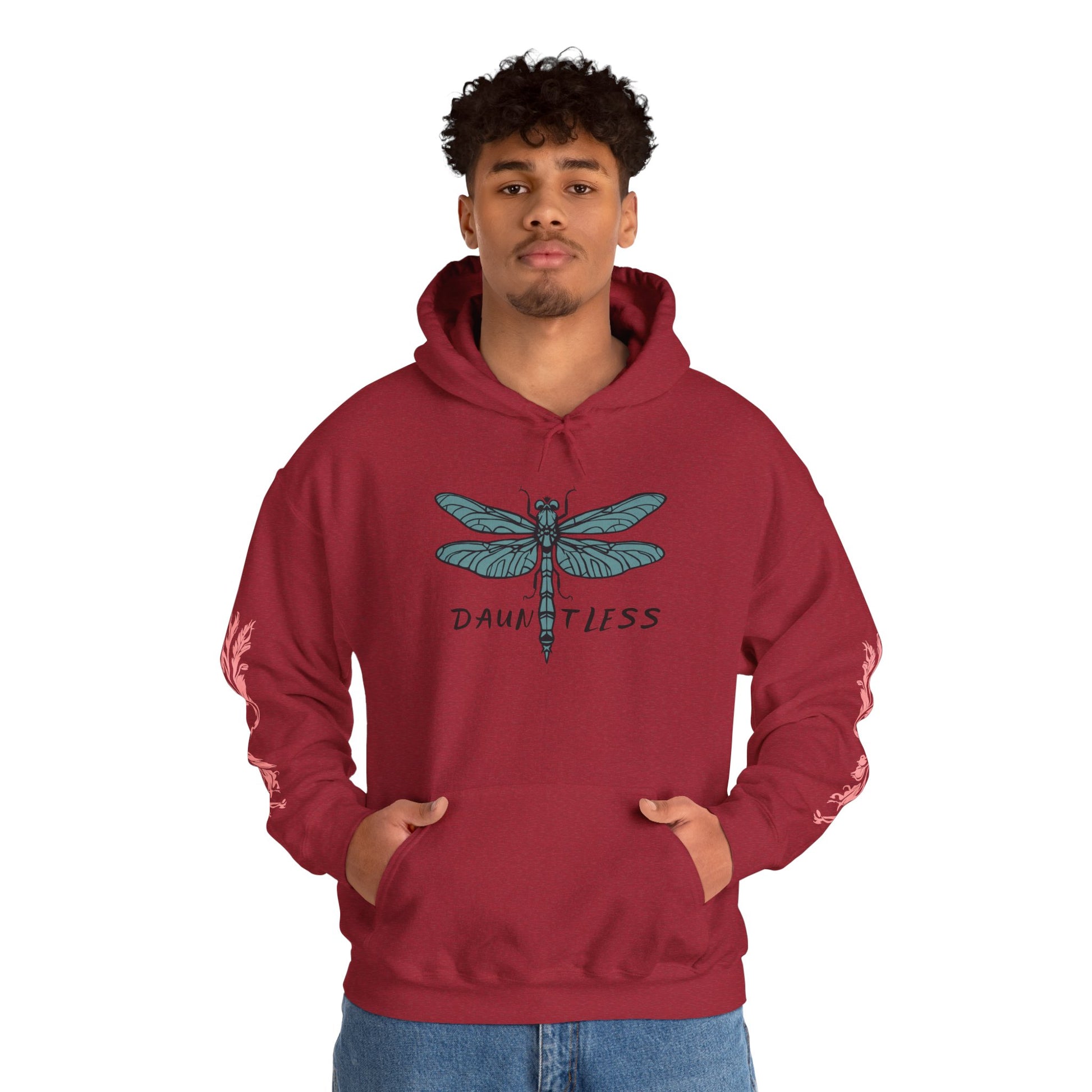 Hand-drawn 'Dauntless' word art hoodie inspired by Alaska Native design traditions — close-up of the design detail