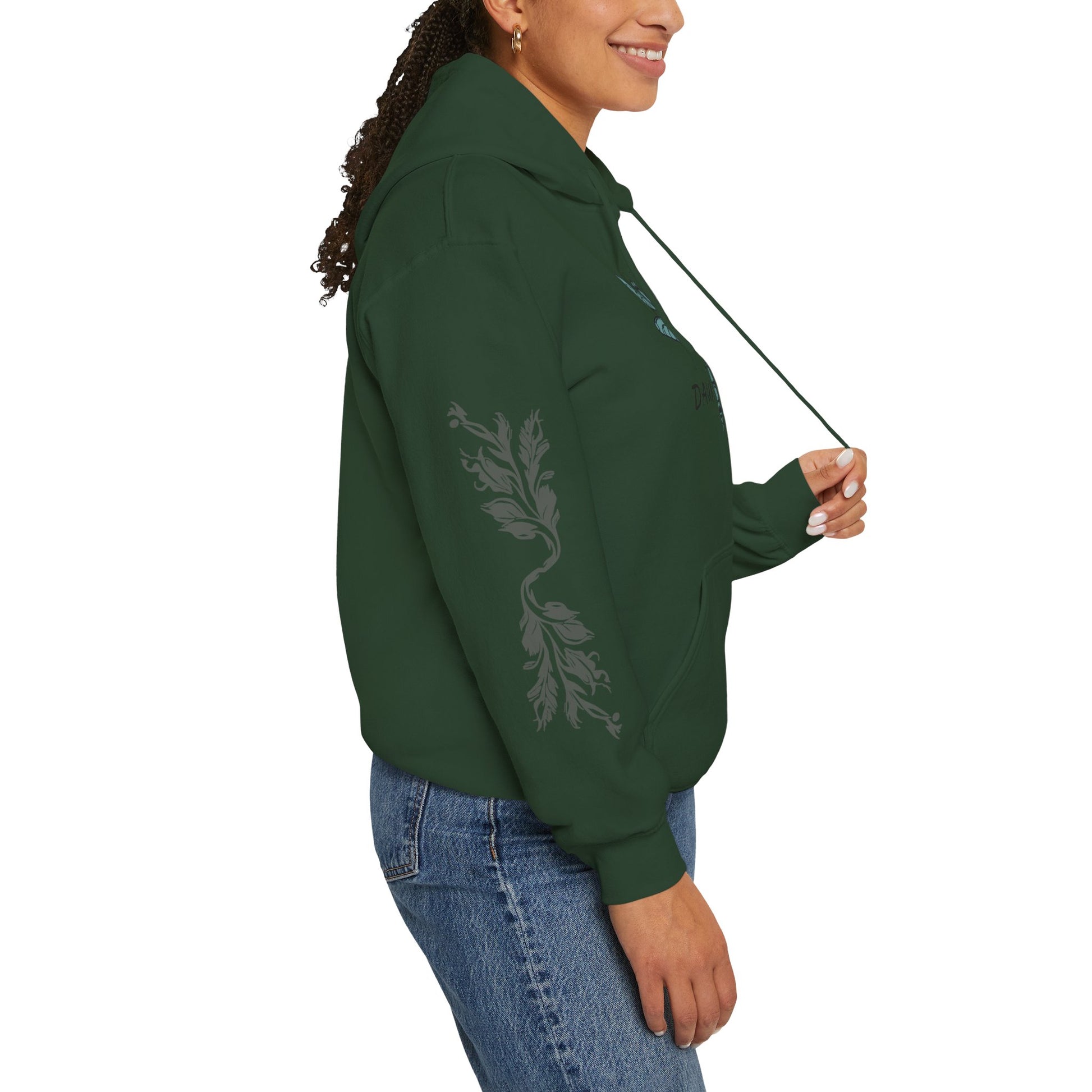 Hand-drawn 'Dauntless' word art hoodie inspired by Alaska Native design traditions — close-up texture detail