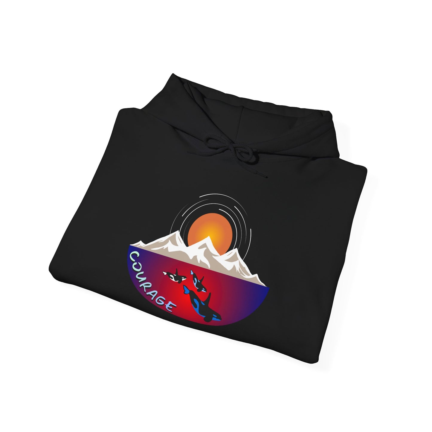 Hand-drawn 'Courage' word art hoodie inspired by Alaska Native design traditions — flat lay view