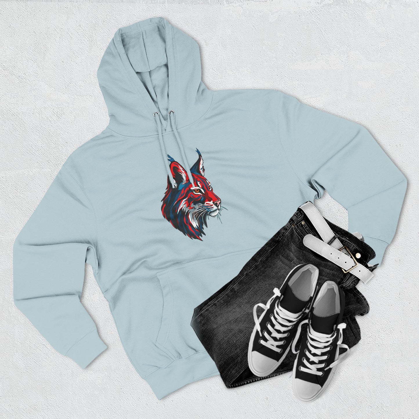 Hand-drawn Alaska Native inspired lynx hoodie — original Indigenous wildlife design — front view
