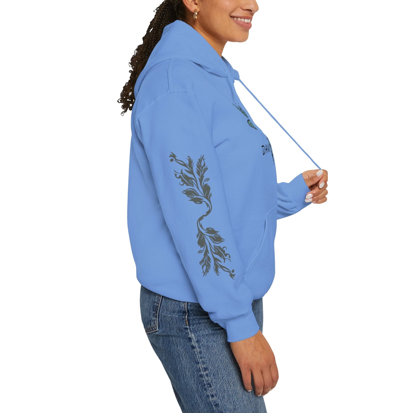 Hand-drawn 'Dauntless' word art hoodie inspired by Alaska Native design traditions — shown from a different angle