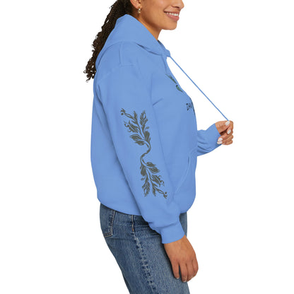 Hand-drawn 'Dauntless' word art hoodie inspired by Alaska Native design traditions — shown from a different angle