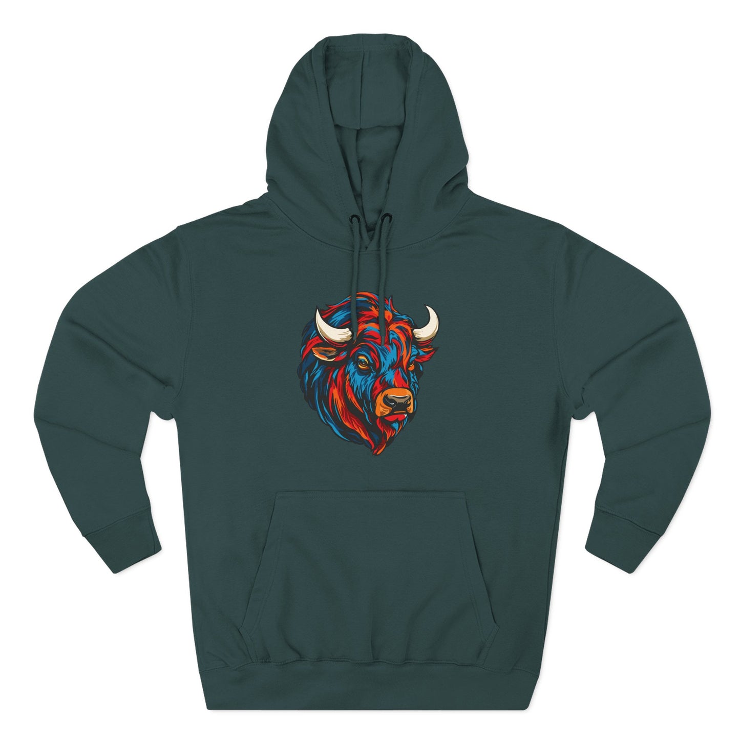 Hand-drawn Alaska Native inspired bison hoodie — original Indigenous wildlife design — styled product photo