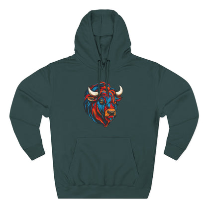 Hand-drawn Alaska Native inspired bison hoodie — original Indigenous wildlife design — styled product photo