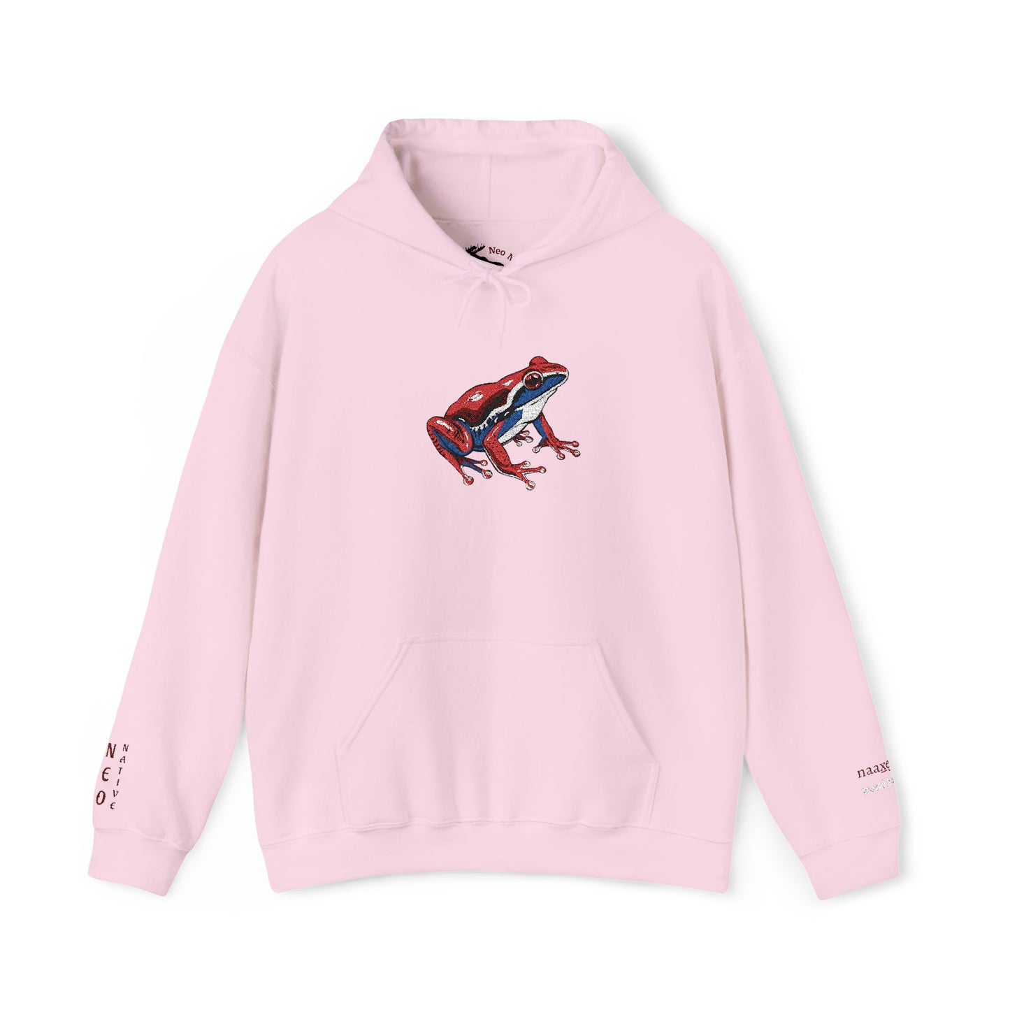 Hand-drawn Alaska Native inspired wood frog hoodie — original Indigenous wildlife design — close-up of the design detail