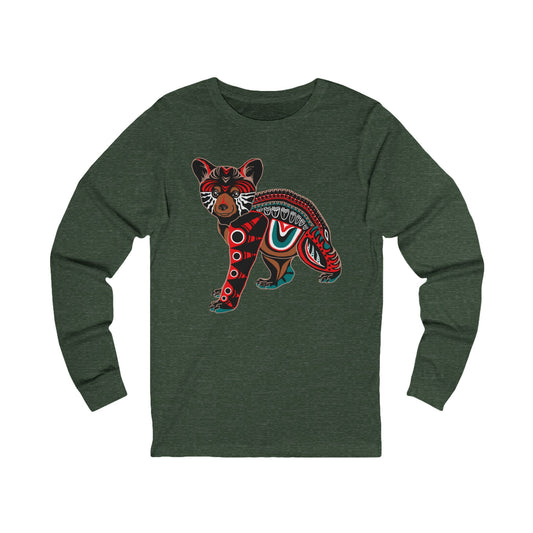 Hand-drawn black bear cub long-sleeve tee — original wildlife art by Kayanna Healy at Neo Native