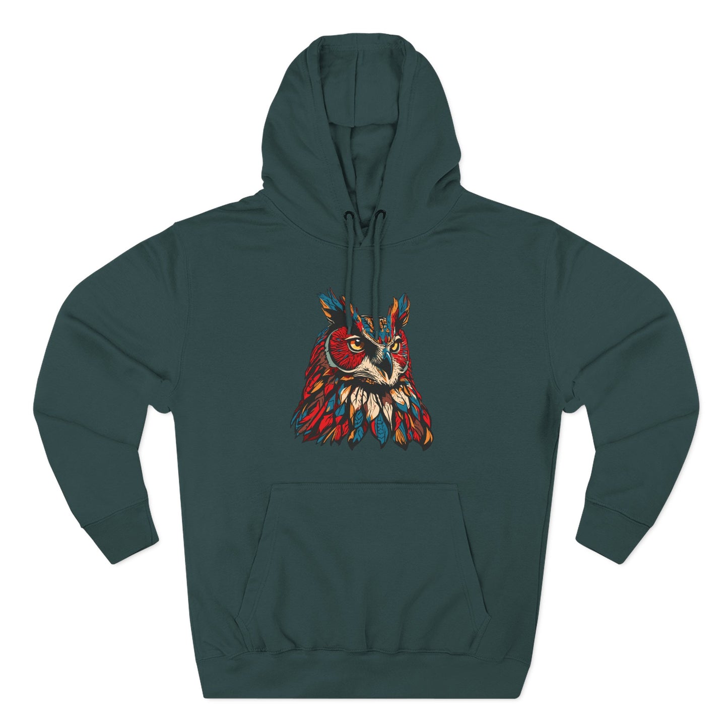 Hand-drawn Alaska Native inspired great horned owl hoodie — original Indigenous wildlife design — shown from a different angle