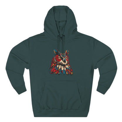 Hand-drawn Alaska Native inspired great horned owl hoodie — original Indigenous wildlife design — shown from a different angle