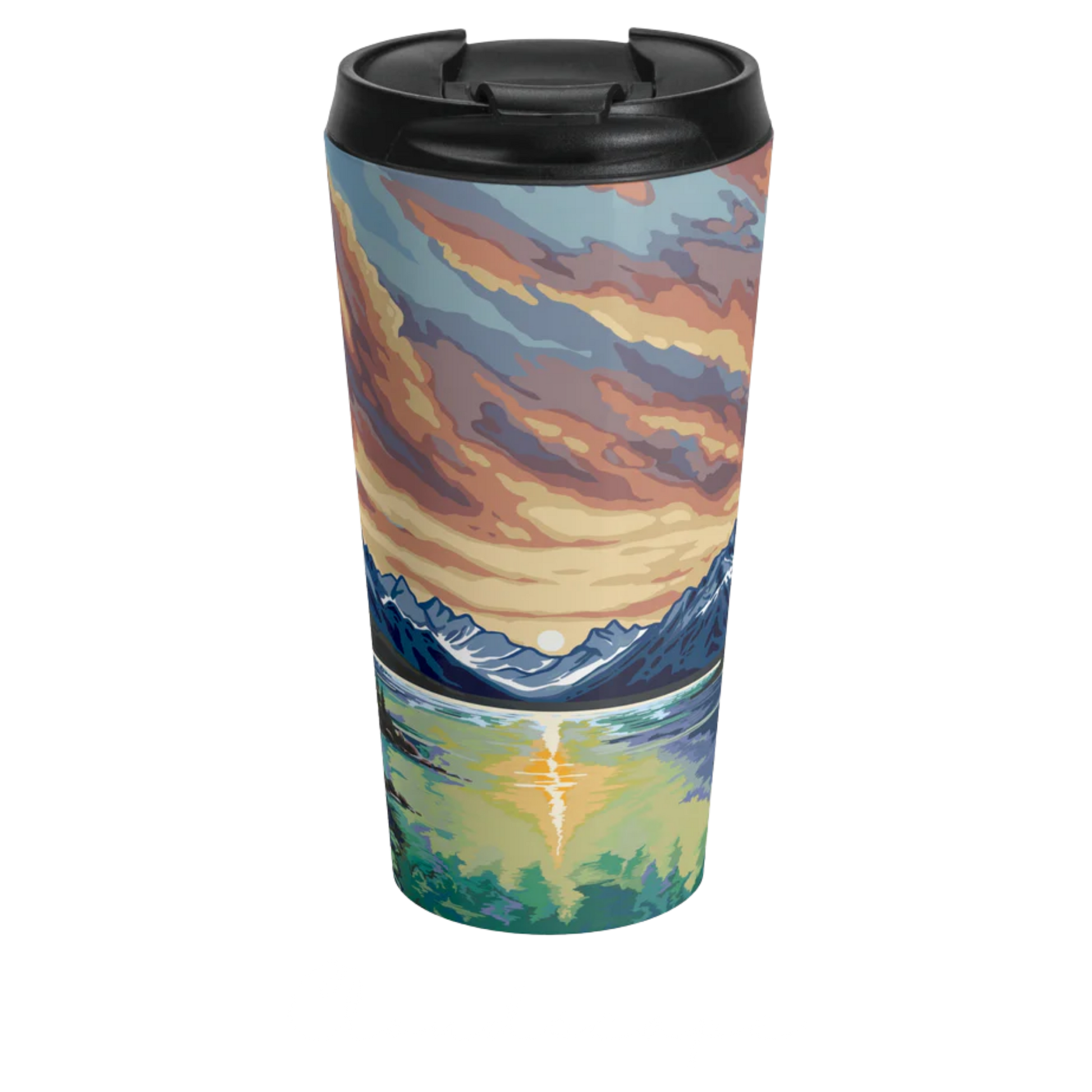 Hand-drawn Cloudscape design travel mug inspired by Alaska Native art traditions