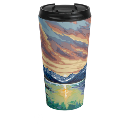 Hand-drawn Cloudscape design travel mug inspired by Alaska Native art traditions