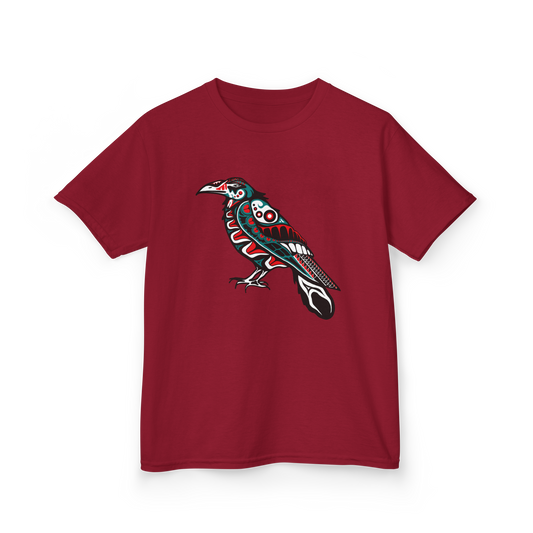 Hand-drawn Alaska Native inspired raven kids' shirt — original Indigenous wildlife design