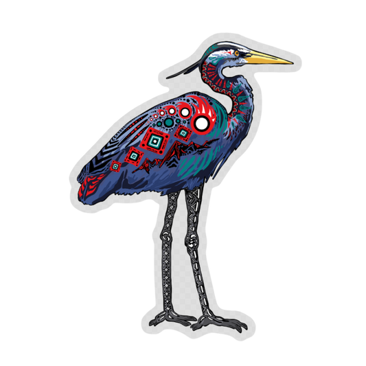 Hand-drawn Alaska Native inspired great blue heron vinyl sticker — original Indigenous wildlife design